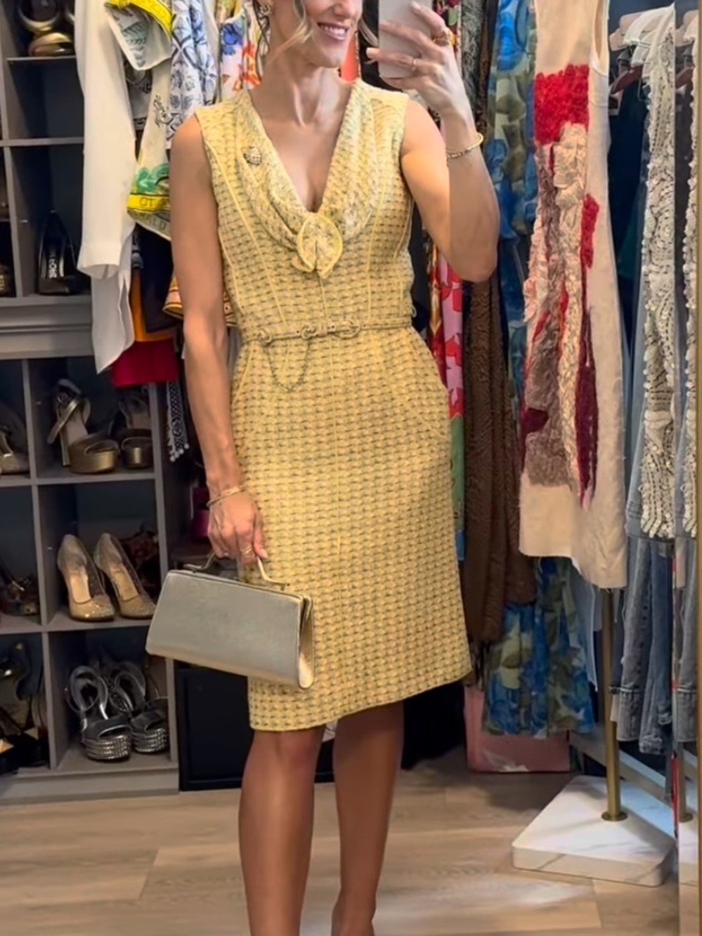 Vintage Oscar de la Renta Yellow Tweed Midi Sheath Dress with Neck Bow